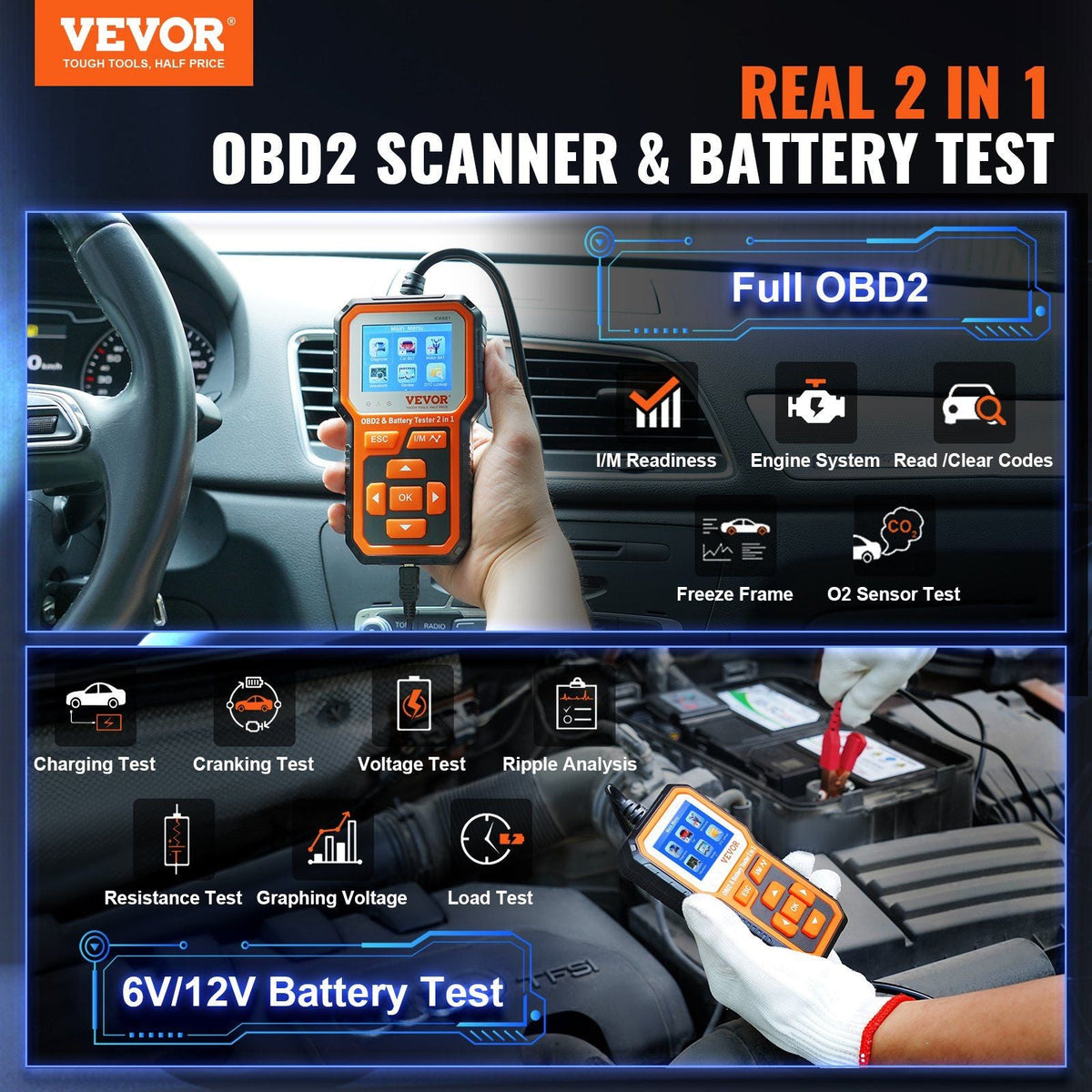 OBD2 Scanner Battery Tester 6V/12V - Upgrade 2 IN1 OBD Scanner Diagnostic Tool Car 100-2000 Battery Charging Cranking System Test Car Code Reader Scan Tool for All OBDII Protocol Cars Since 1996