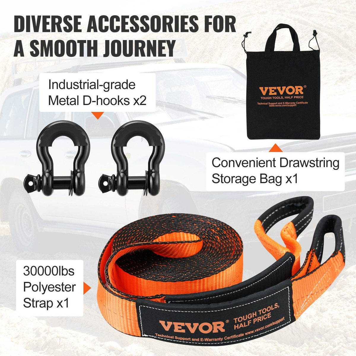 Off-Road Recovery Kit, 3" x 30', Heavy Duty Winch Recovery Kit with 30,000 lbs Capacity Polyester Tow Strap, 44,092 lbs D-Ring Shackles, Storage Bag, for ATVs, Jeeps, Off-Road Vehicles, Trucks