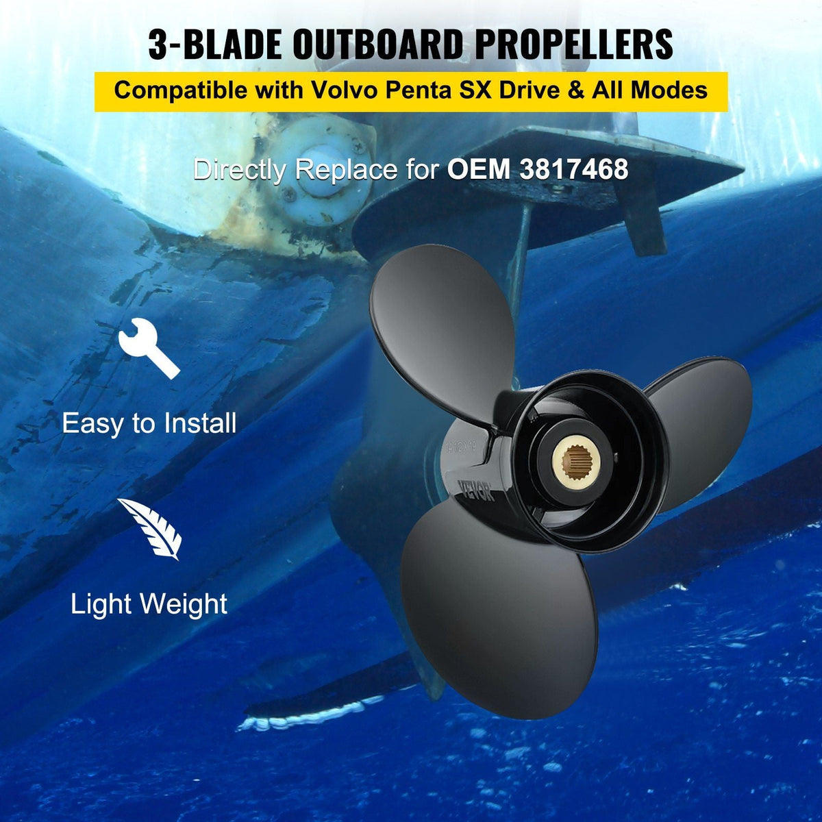 Outboard Propeller, Replace for OEM 3817468, 3-Blade 14 1/2" x 19" Pitch Aluminium Boat Propeller, Compatible with Volvo Penta SX Drive All Models, w/ 19 Tooth Splines, RH