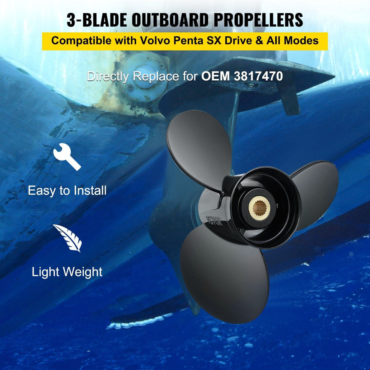 Outboard Propeller, Replace for OEM 3817470, 3 Blades 14\" x 23\" Pitch Aluminium Boat Propeller, Compatible with Volvo Penta SX Drive All Models, with 19 Tooth Splines, RH