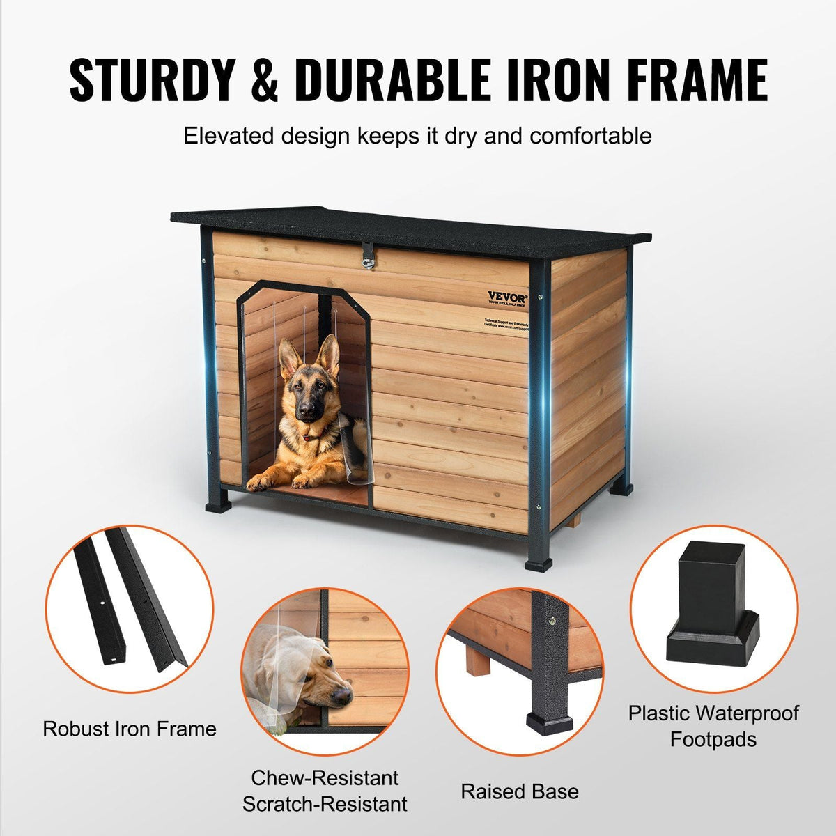 Outdoor Dog House, Waterproof Insulated Dog House with Elevated Floor, Anti-Bite Wood Dog House Outdoor Iron Frame, Open Roof, for Medium to Large Dogs
