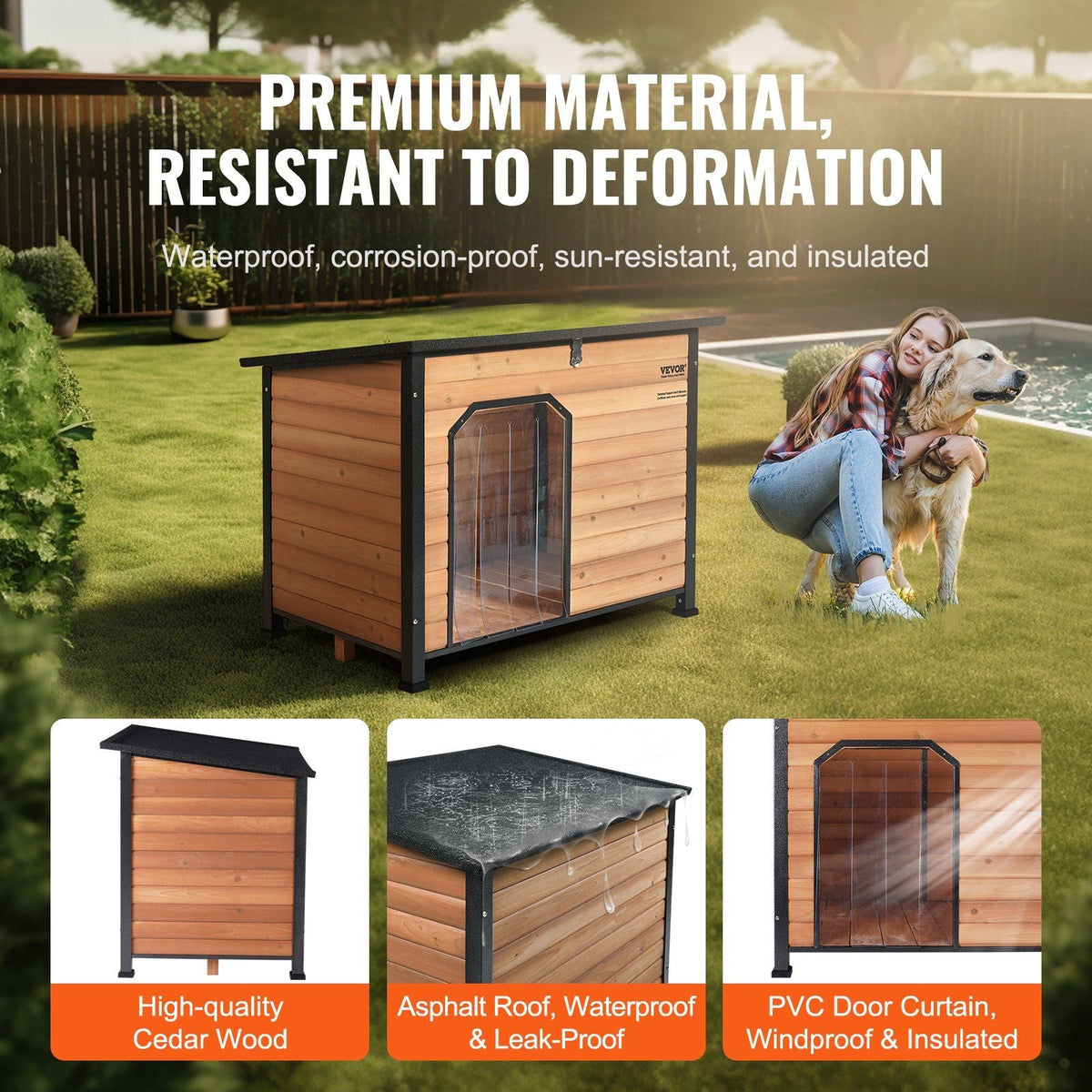 Outdoor Dog House, Waterproof Insulated Dog House with Elevated Floor, Anti-Bite Wood Dog House Outdoor Iron Frame, Open Roof, for Medium to Large Dogs