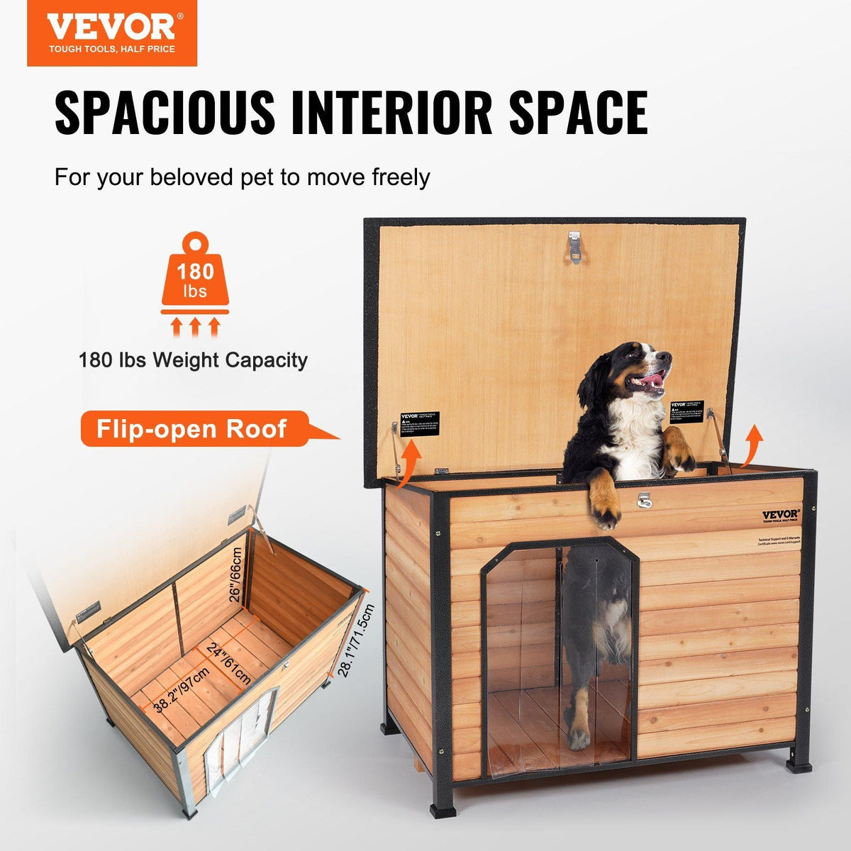 Outdoor Dog House, Waterproof Insulated Dog House with Elevated Floor, Anti-Bite Wood Dog House Outdoor Iron Frame, Open Roof, for Medium to Large Dogs