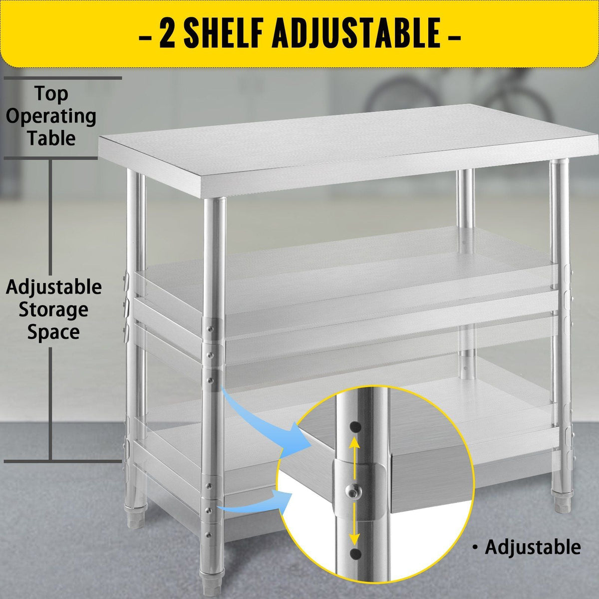Outdoor Food Prep Table, 36x18x34 inch Commercial Stainless Steel Table, 2 Adjustable Undershelf BBQ Prep Table, Heavy Duty Kitchen Work Table, for Garage, Home, Warehouse, and Kitchen Silver