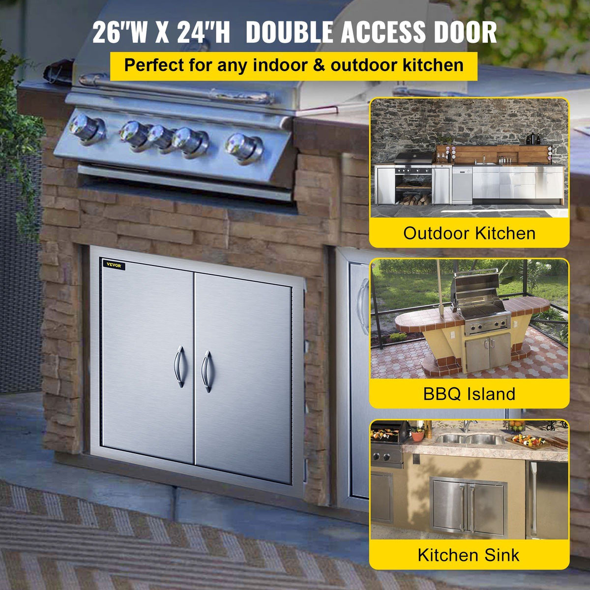 Outdoor Kitchen Access 26"x 24" Wall Construction Stainless Steel Flush Mount for BBQ Island, 26inch x 24inch, Double Door