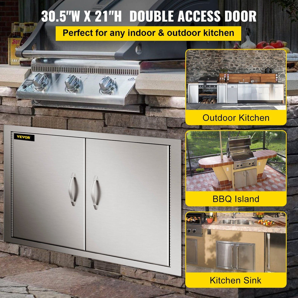 Outdoor Kitchen Access 30.5"X 21" Wall Construction Stainless Steel Flush Mount for BBQ Island, 30.5inch x 21inch, Double Door