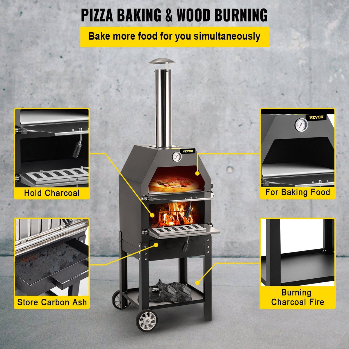 Outdoor Pizza Oven, 12" Wood Fire Oven, 2-Layer Pizza Oven Wood Fired, Wood Burning Outdoor Pizza Oven with 2 Removable Wheels, 700°F Max Temperature Wood Fired Pizza Maker Ovens for Barbecue