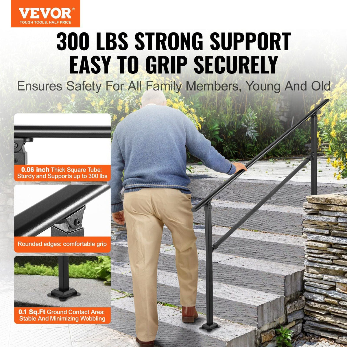 Outdoor Stair Railing, Fits for 0-5 Steps Transitional Wrought Iron Handrail, Adjustable Exterior Stair Railing, Handrails for Concrete Steps with Installation Kit, Matte Black Outdoor Handrail