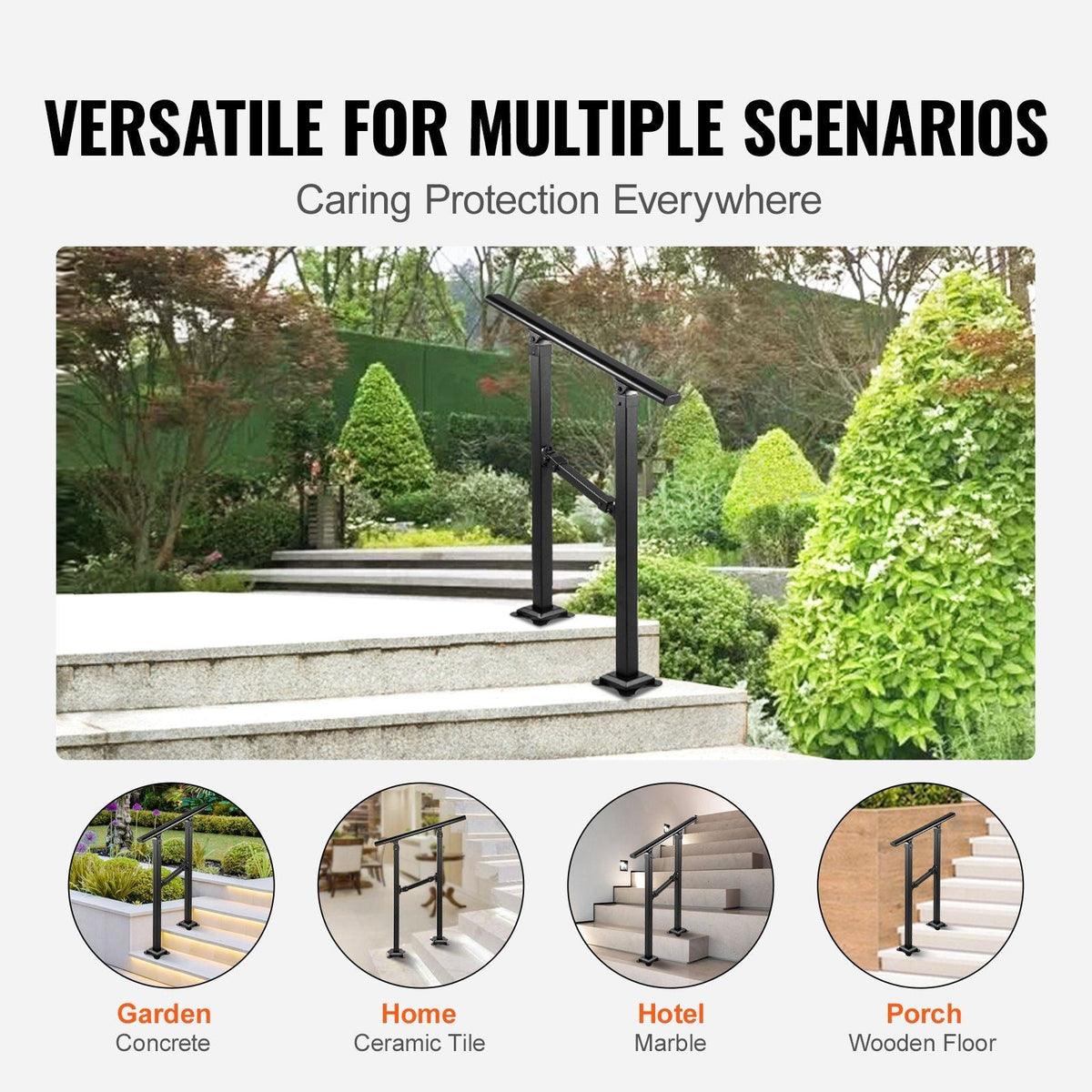 Outdoor Stair Railing, Fits for 1-2 Step Transitional Wrought Iron Handrail, Adjustable Exterior Stair Railing, Handrails for Concrete Steps with Installation Kit, Matte Black Outdoor Handrail