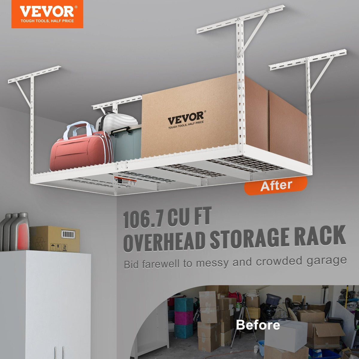 Overhead Garage Storage Rack, 4x8 Garage Ceiling Storage Racks, Heavy Duty Adjustable Cold Rolled Steel Racks for Garage Storage, Organization, 600 lbs Load Capacity, 22''-40" (White)