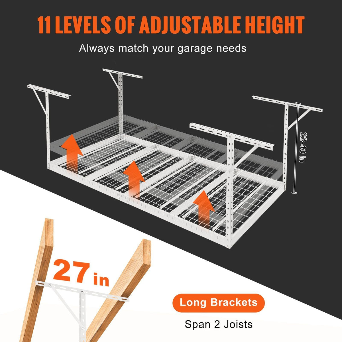 Overhead Garage Storage Rack, 4x8 Garage Ceiling Storage Racks, Heavy Duty Adjustable Cold Rolled Steel Racks for Garage Storage, Organization, 600 lbs Load Capacity, 22''-40" (White)