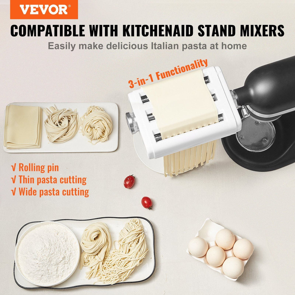 Pasta Attachment for KitchenAid Stand Mixer, 3-IN-1 Stainless Steel Pasta Roller Cutter Set Including Pasta Sheet Roller, Spaghetti and Fettuccine Cutter, 8 Adjustable Thickness Knob Pasta Maker