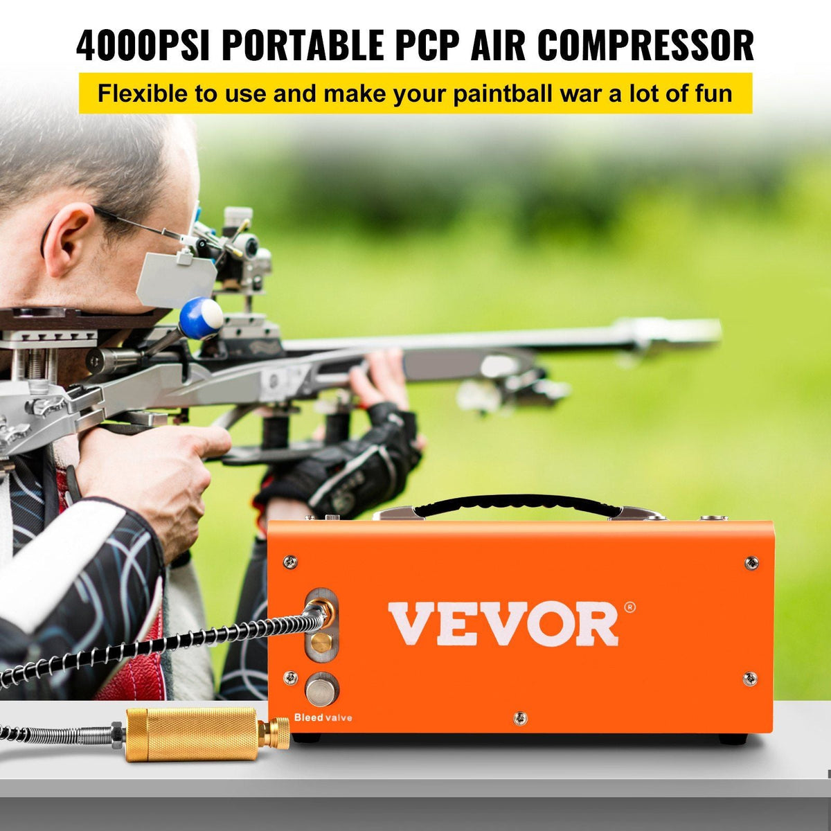 PCP Air Compressor, 4000PSI Portable PCP Compressor, 24V DC 110V/220V AC PCP Compressor Auto-stop, w/Built-in Adapter and Cooling Fan System