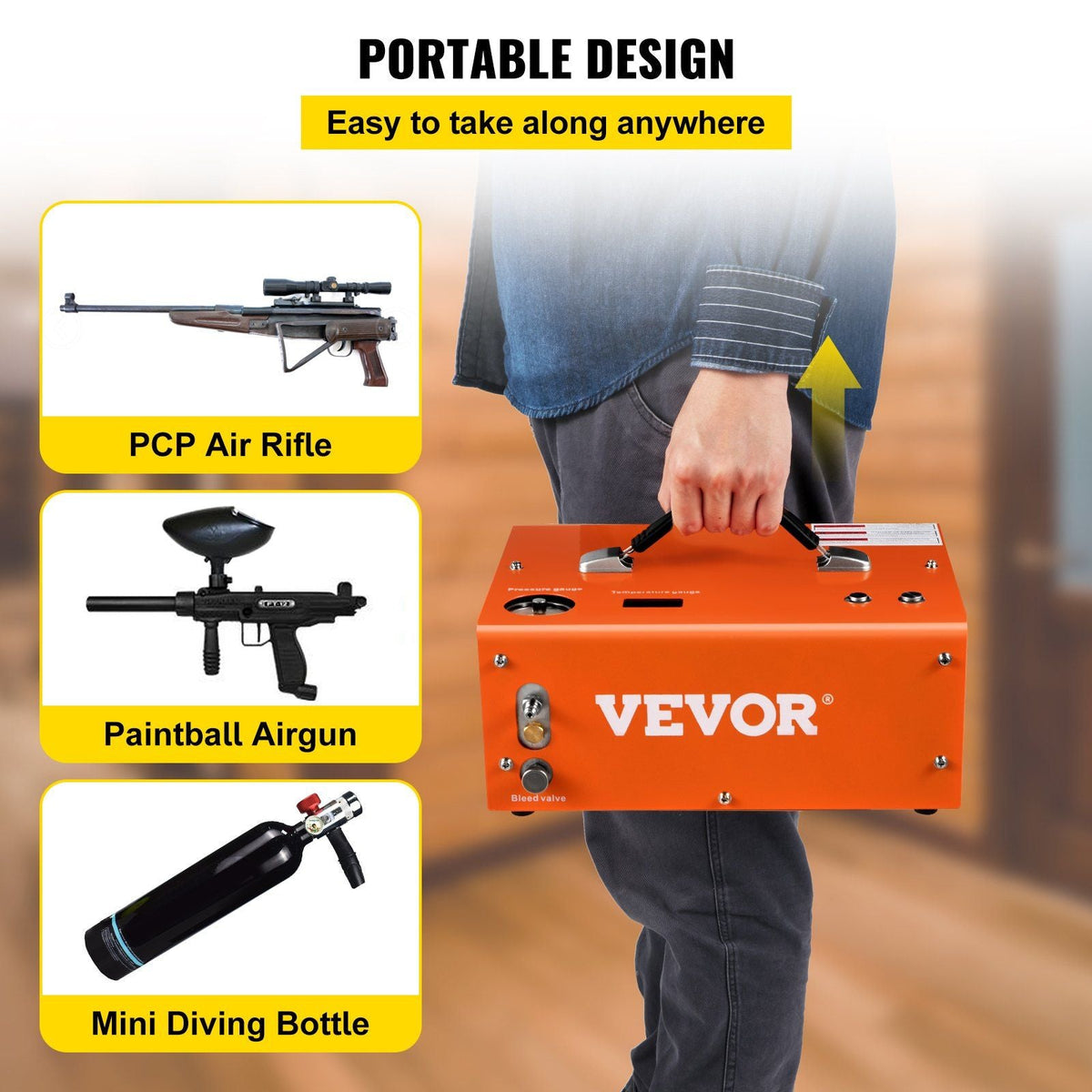 PCP Air Compressor, 4000PSI Portable PCP Compressor, 24V DC 110V/220V AC PCP Compressor Auto-stop, w/Built-in Adapter and Cooling Fan System