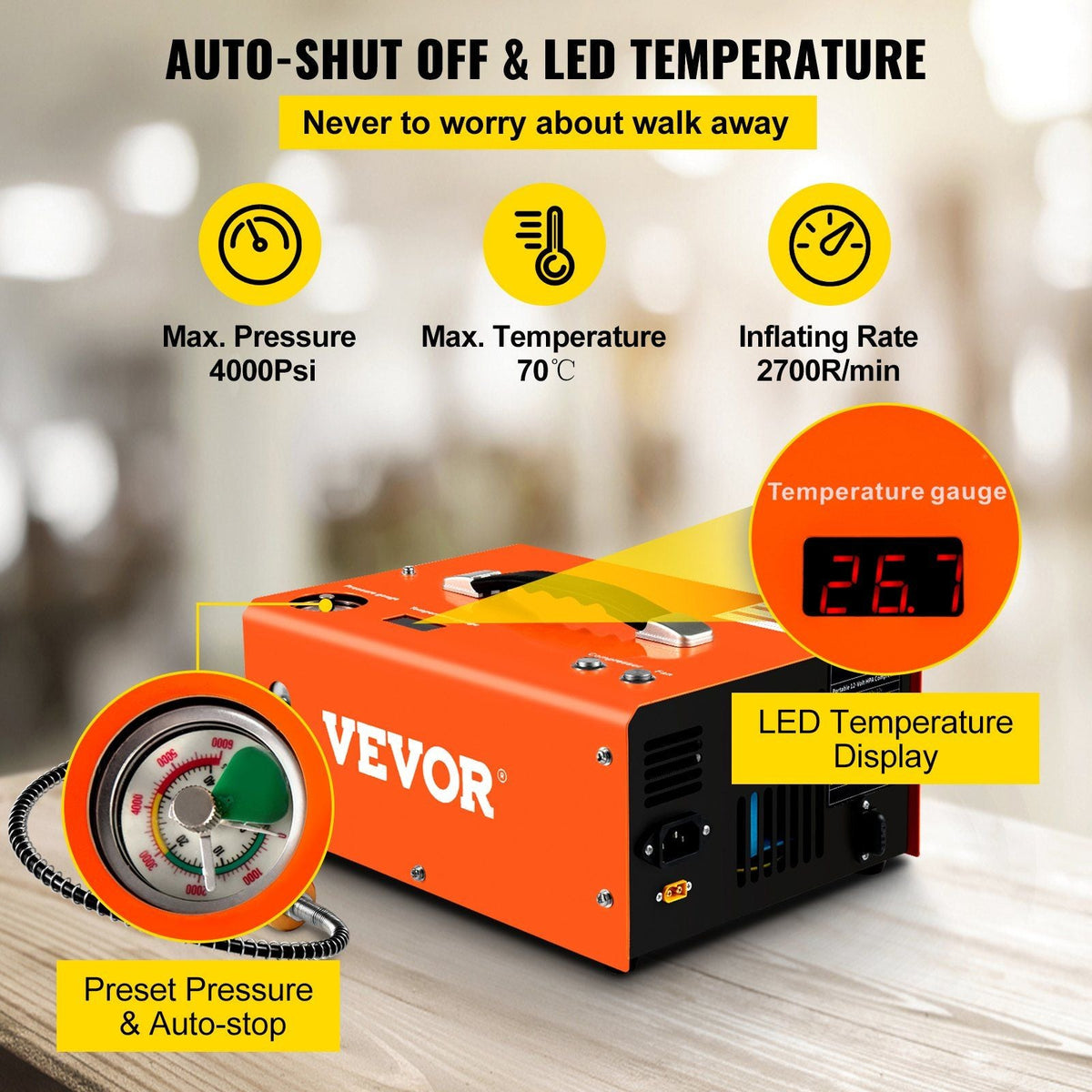 PCP Air Compressor, 4000PSI Portable PCP Compressor, 24V DC 110V/220V AC PCP Compressor Auto-stop, w/Built-in Adapter and Cooling Fan System