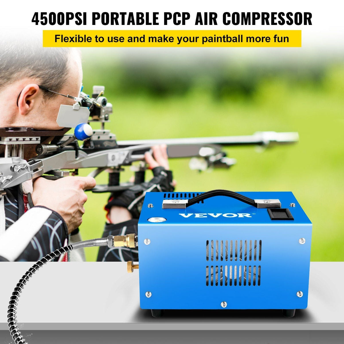 PCP Air Compressor, 4500PSI Portable PCP Compressor, 12V DC/110V AC, Manual-stop, w/External Power Adapter, Built-in Fan, Suitable for Paintball & Sports Equipment