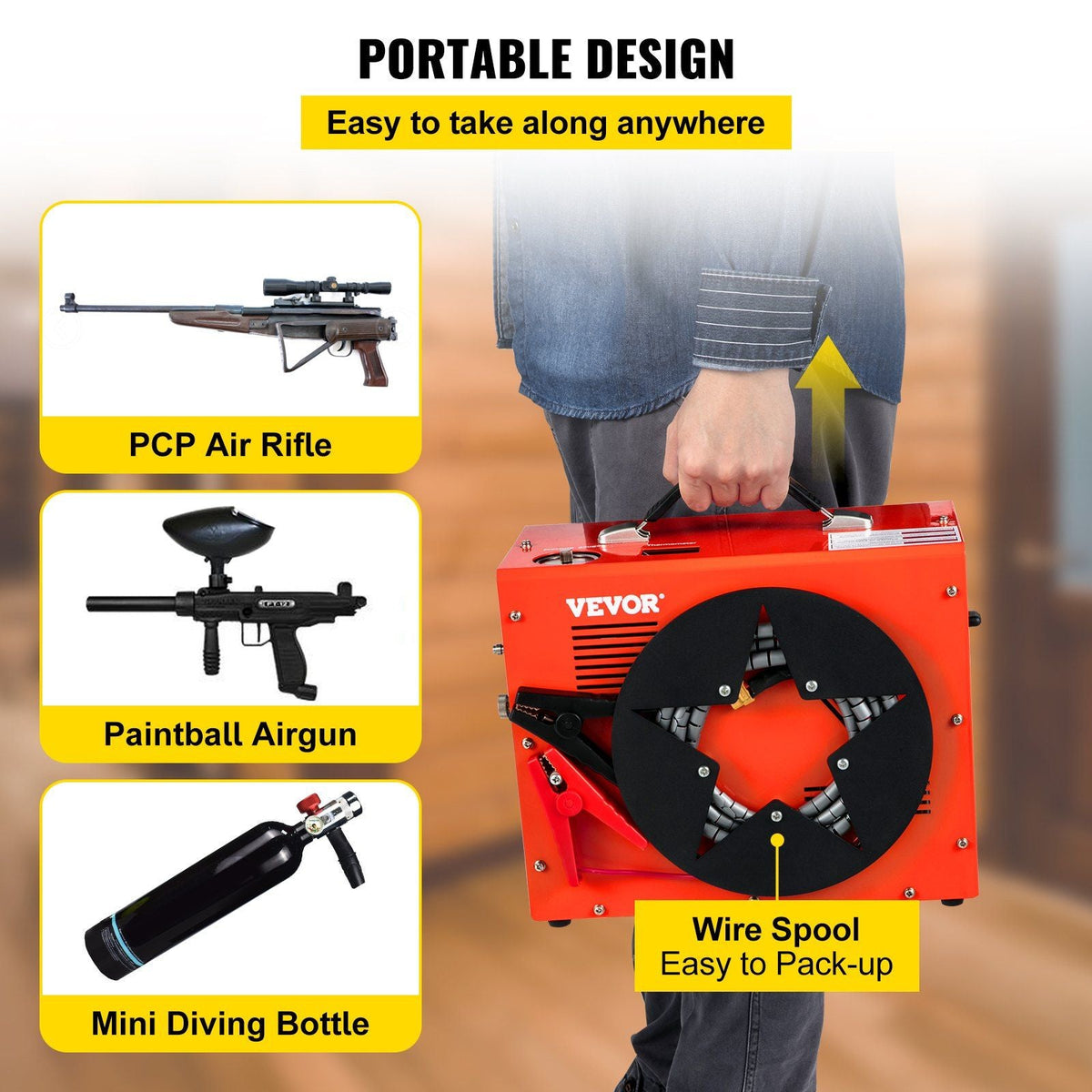 PCP Air Compressor, Auto-stop Powered by DC 12V Car or Home AC 110V/220V, 4500Psi/30Mpa/300Bar with Built-in Water & Oil Adapter and Cooling Fan System