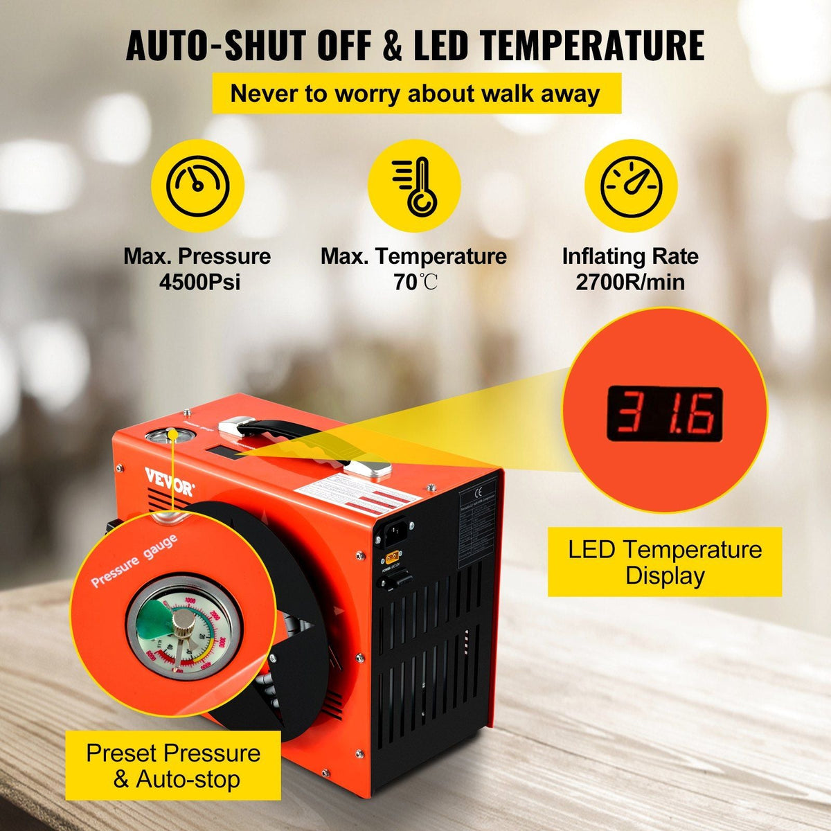 PCP Air Compressor, Auto-stop Powered by DC 12V Car or Home AC 110V/220V, 4500Psi/30Mpa/300Bar with Built-in Water & Oil Adapter and Cooling Fan System