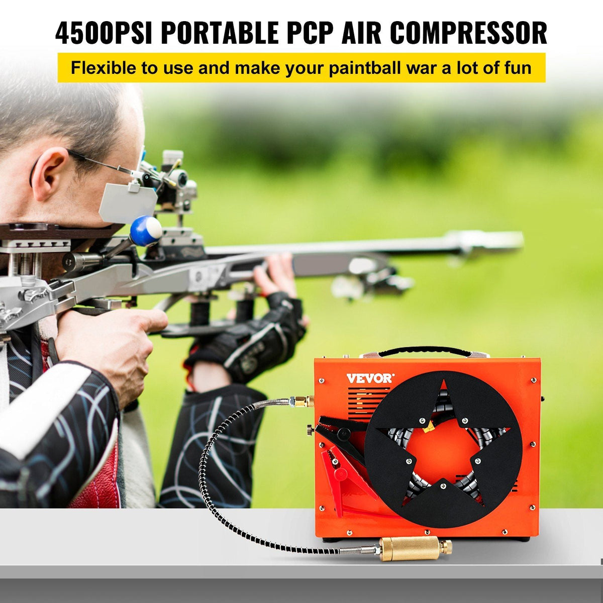 PCP Air Compressor, Auto-stop Powered by DC 12V Car or Home AC 110V/220V, 4500Psi/30Mpa/300Bar with Built-in Water & Oil Adapter and Cooling Fan System
