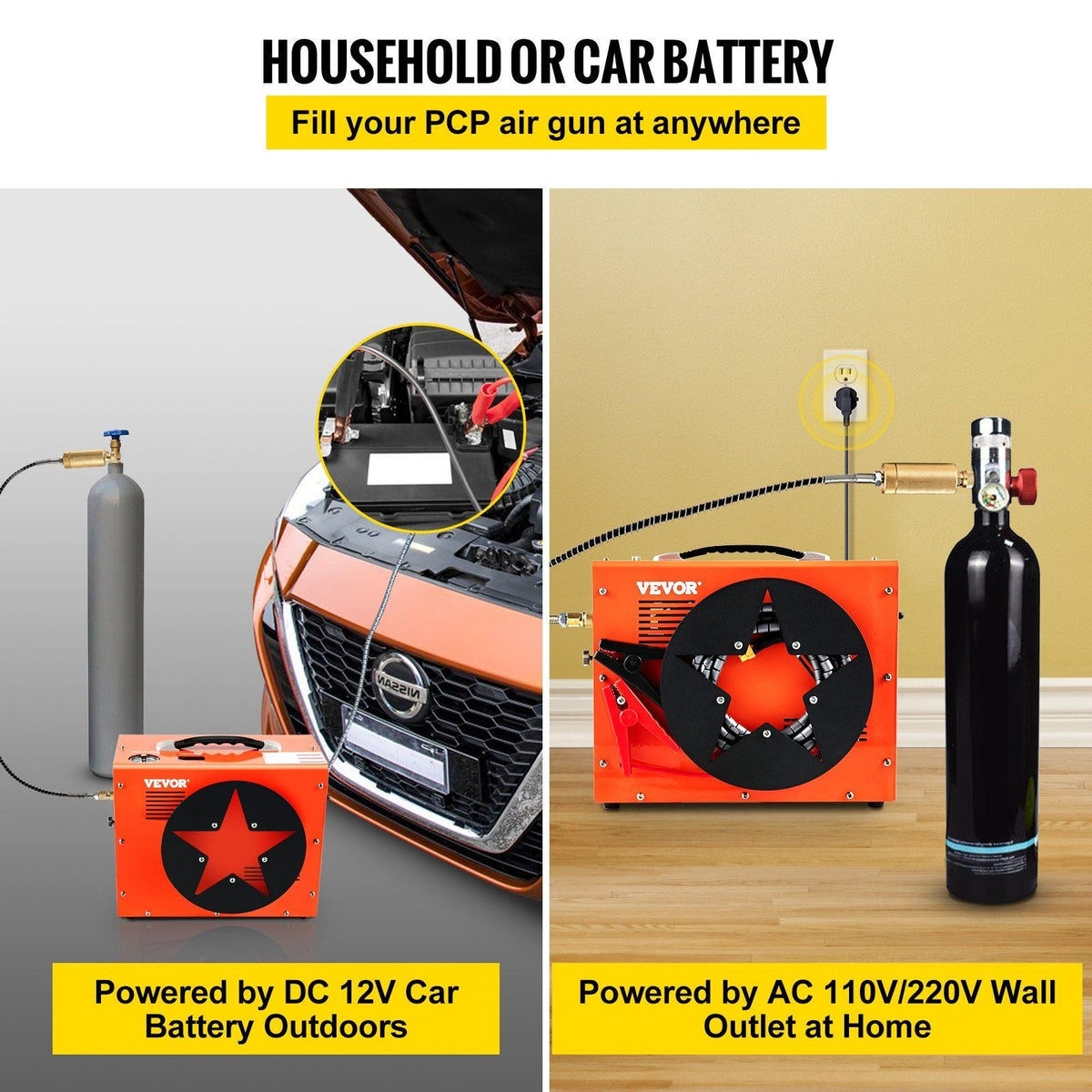 PCP Air Compressor, Auto-stop Powered by DC 12V Car or Home AC 110V/220V, 4500Psi/30Mpa/300Bar with Built-in Water & Oil Adapter and Cooling Fan System