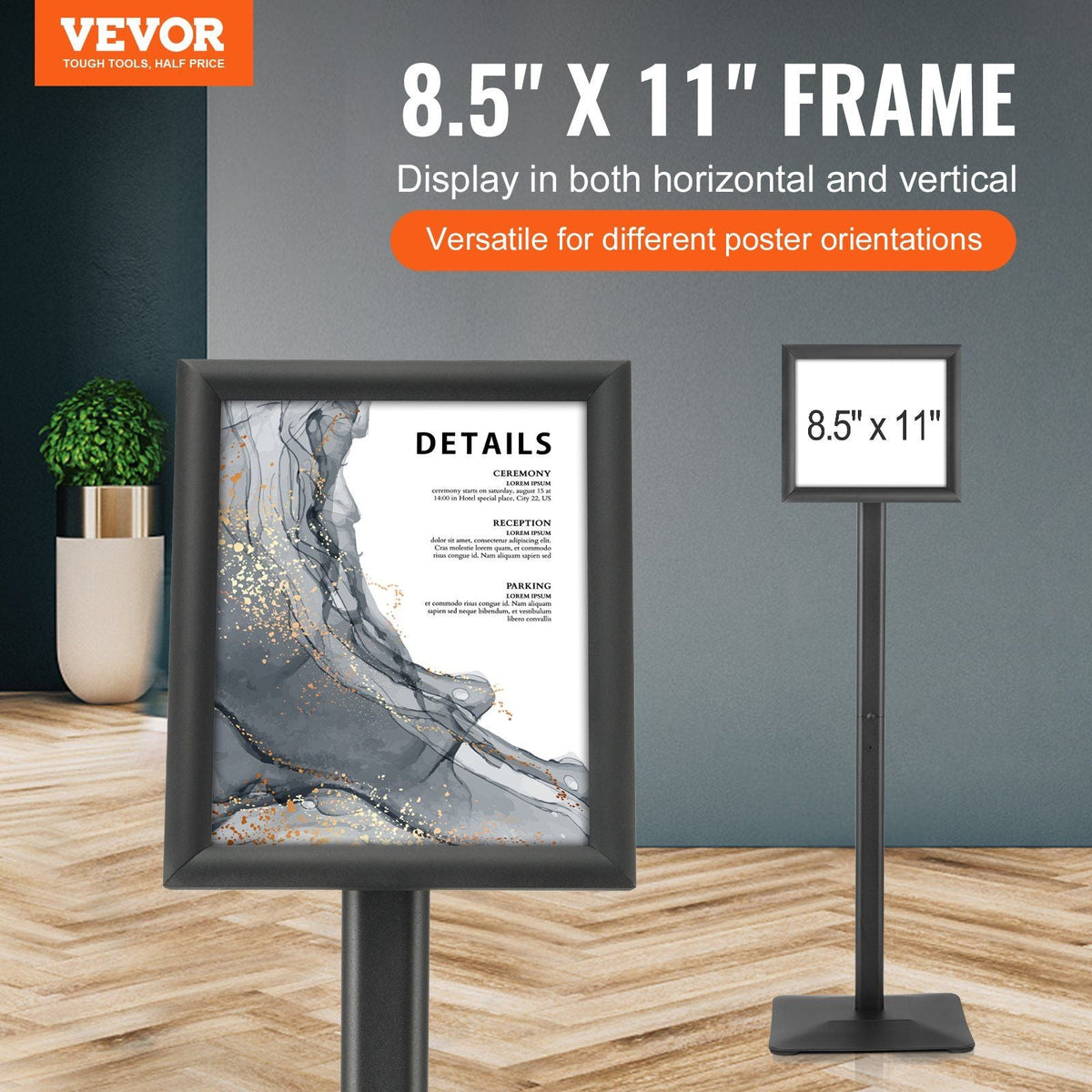 Pedestal Sign Holder, 8.5 x 11 Inch Vertical and Horizontal Adjustable Poster Stand, Heavy-Duty Floor Standing Sign Holder with Metal Base for Display, Advertisement, and Outdoor, Black