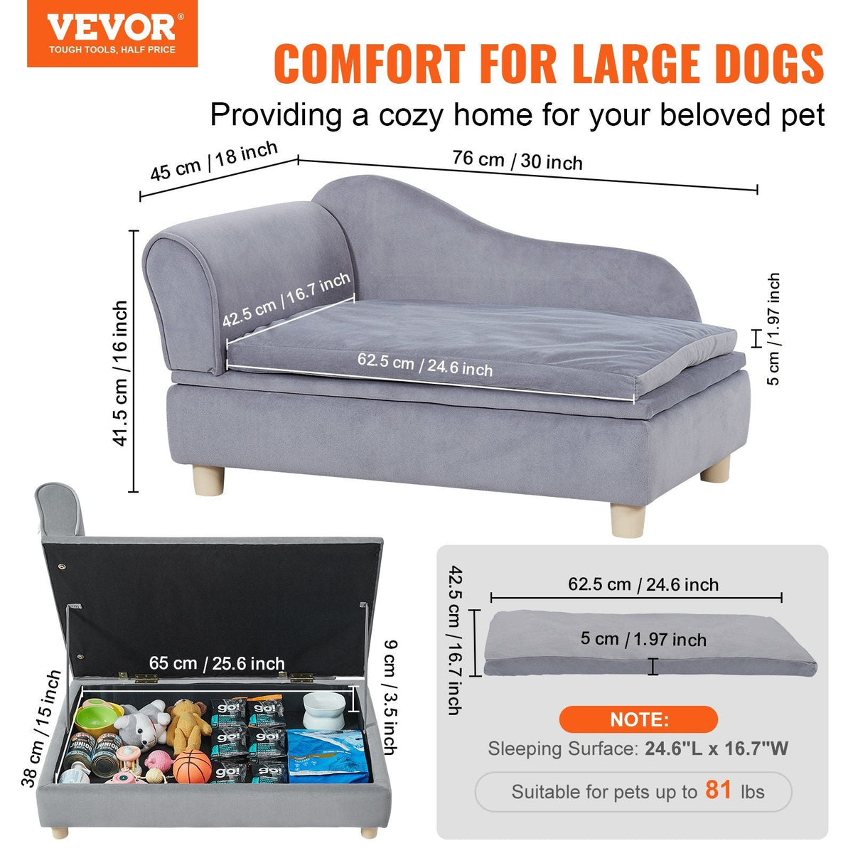 Pet Sofa, Dog Couch for Medium-Sized Dogs and Cats, Soft Velvety Dog Sofa Bed, 81 lbs Loading Cat Sofa, Grey