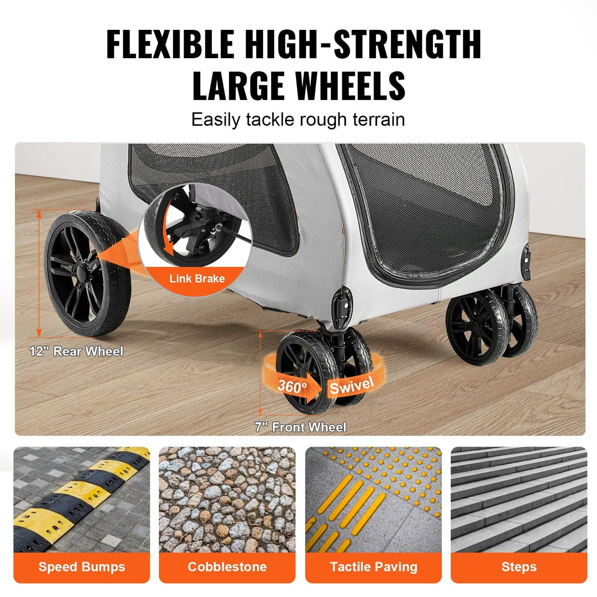 Pet Stroller, 4 Wheels Dog Stroller Rotate with Brakes, 160lbs Weight Capacity, Puppy Stroller with Breathable Mesh Windows and Height-Adjustable Height, for Medium and Large Dogs, Dark Grey