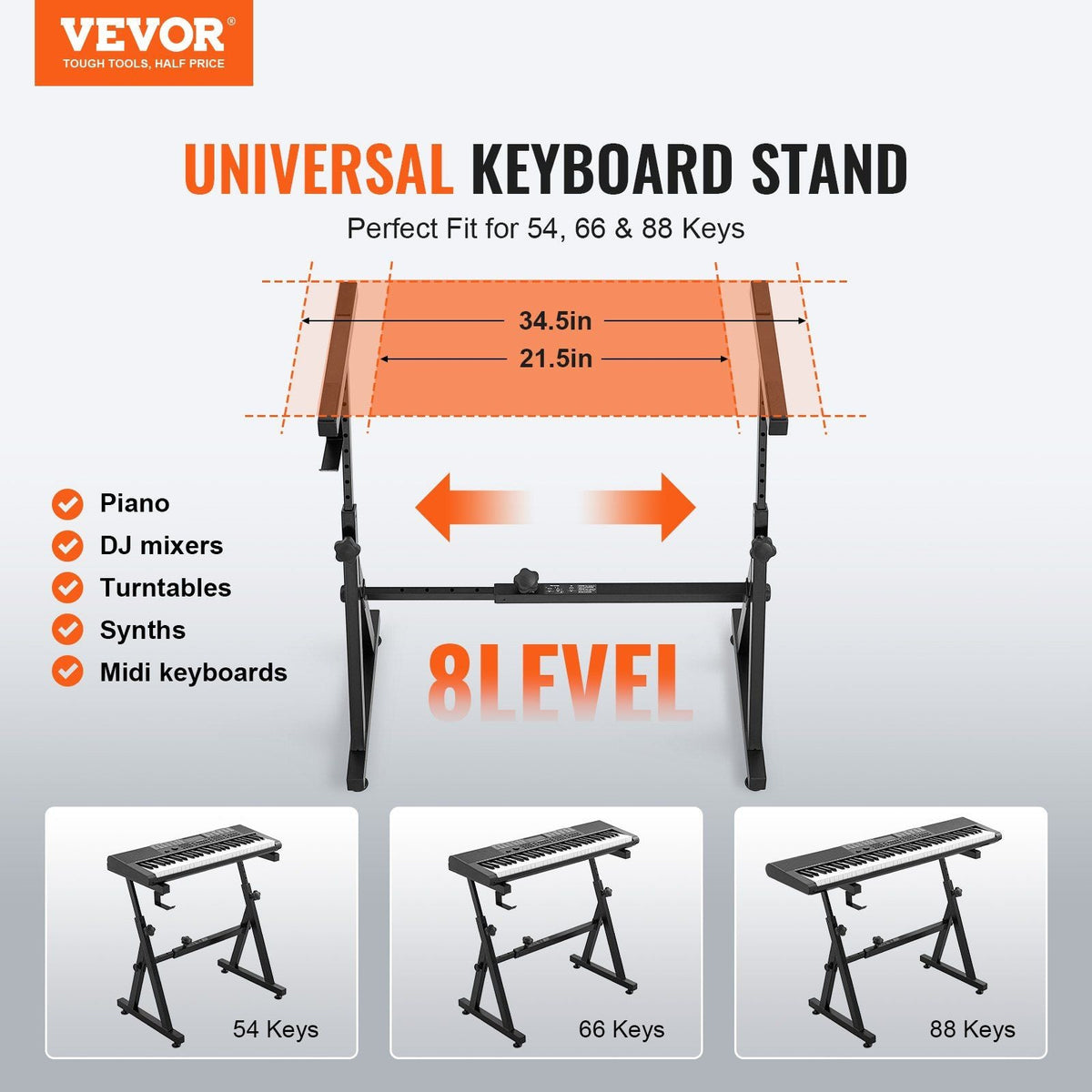 Piano Keyboard Stand, Z Style, Heavy-Duty Digital Piano Music Stand, 250 lbs Capacity with Adjustable Width & Height Wheels Anti-Slip Pads Headphone Hook, Fits for 54-88 Key Electric Pianos