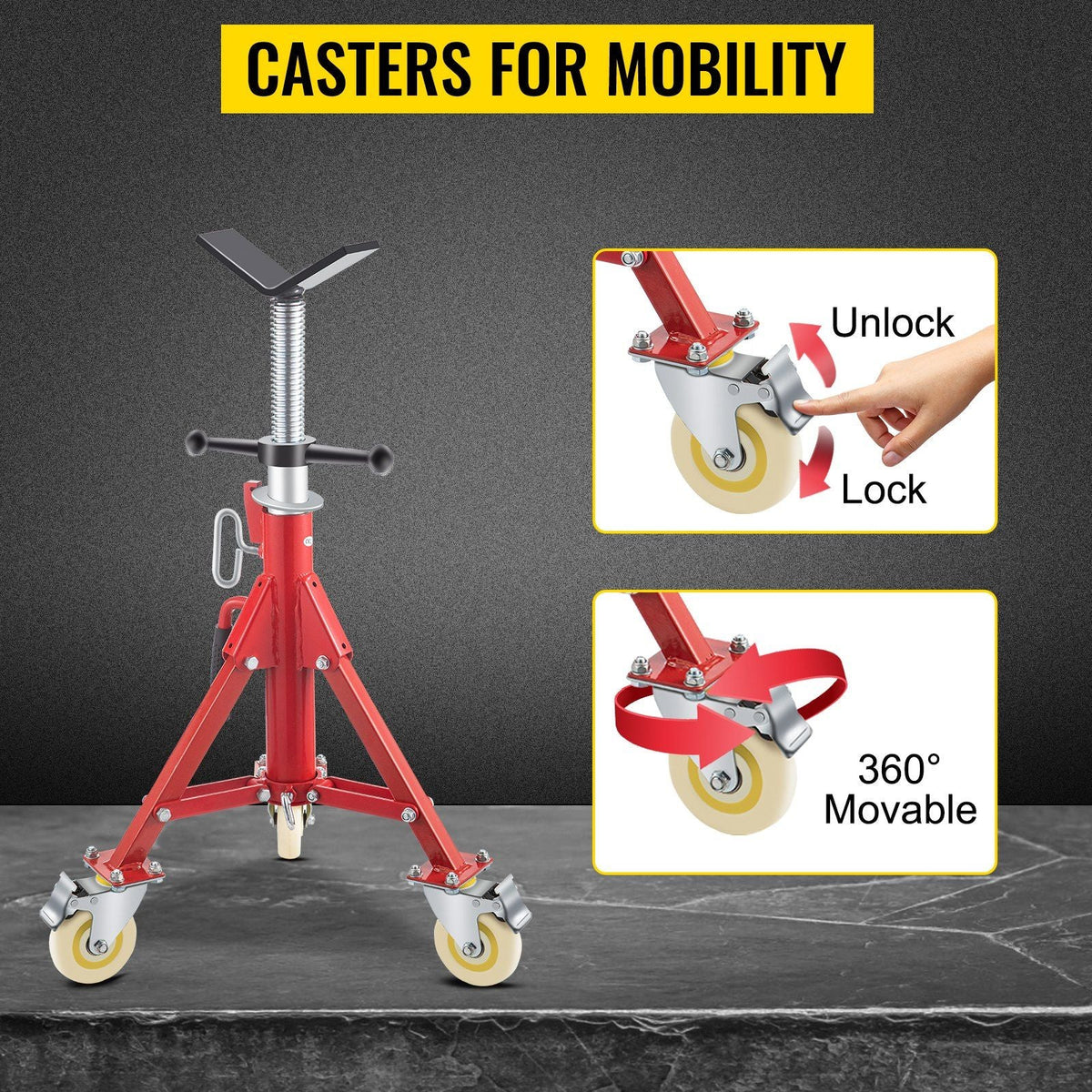 Pipe Stand, Pipe Jack Stand, V Head Pipe Stand Adjustable Height 23.6-42.5 Inch, Pipe Jack Stands with Casters 882 LB, Folding Portable Pipe Stands 1/8-12 Inch Pipe Supporting, Steel Jack Stand