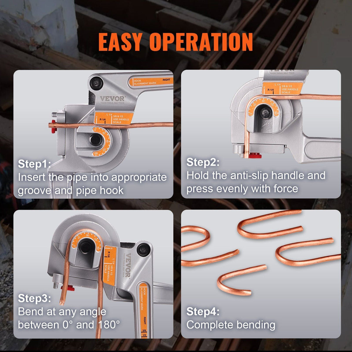 Pipe Tube Bender, 1/4", 3/8", 1/2" OD, 3 in 1 Manual Level Tube Bender, 180° Copper Aluminum Pipes Bending Tools for HVAC Air Conditioning Refrigerator Repair