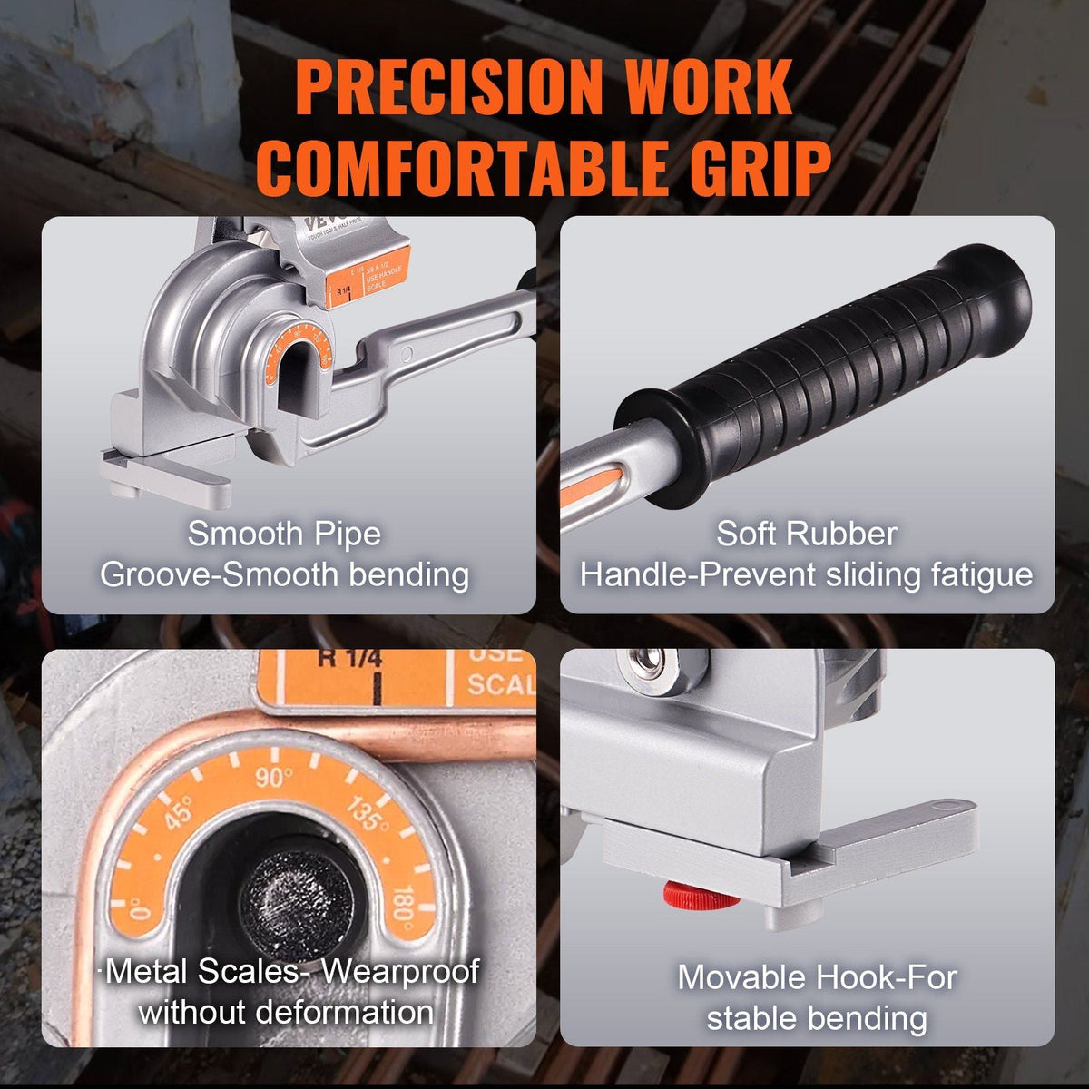 Pipe Tube Bender, 1/4", 3/8", 1/2" OD, 3 in 1 Manual Level Tube Bender, 180° Copper Aluminum Pipes Bending Tools for HVAC Air Conditioning Refrigerator Repair