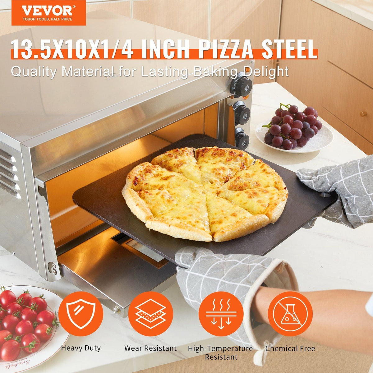 Pizza Steel, 13.5" x 10" x 1/4" Pizza Steel Plate for Oven, Pre-Seasoned Carbon Steel Pizza Baking Stone with 20X Higher Conductivity, Heavy Duty Pizza Pan for Outdoor Grill, Indoor Oven