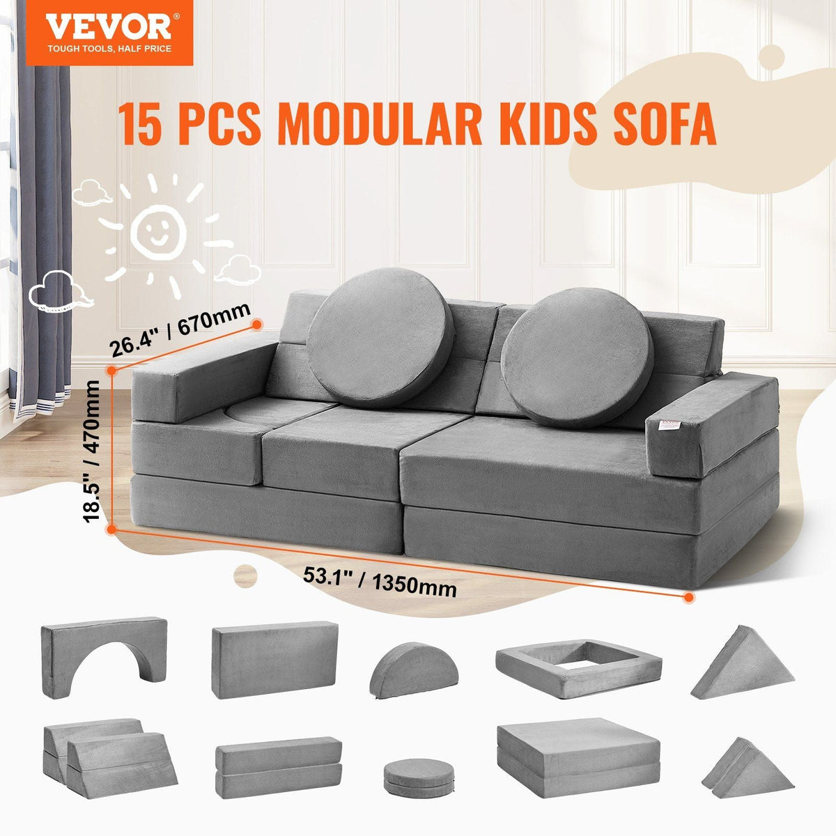 Play Couch, Modular Kids Nugget Couch 15pcs, Toddler Foam Sofa Couch with High-density 25D Sponge for Playing, Creating, Sleeping, Imaginative Kids Furniture for Bedroom and Playroom