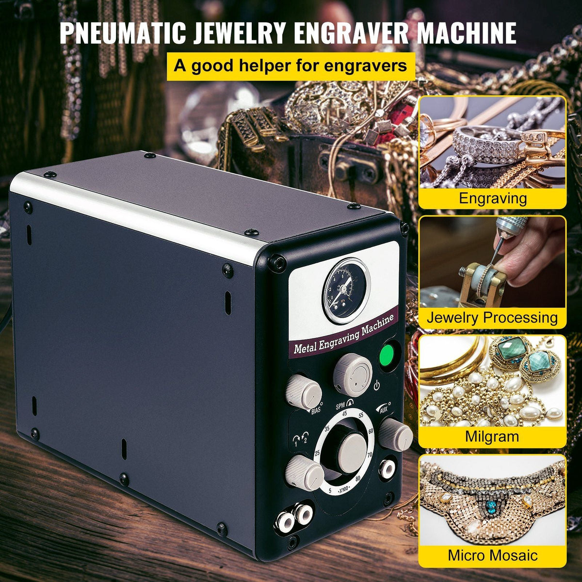Pneumatic Jewelry Engraver Machine 110V 60Hz Pneumatic Hand Engraving Machines 400-8000 Rpm Pneumatic Graver Handpiece Double-Head Micro Engraer for Jewelry Crafts and Wrought Iron