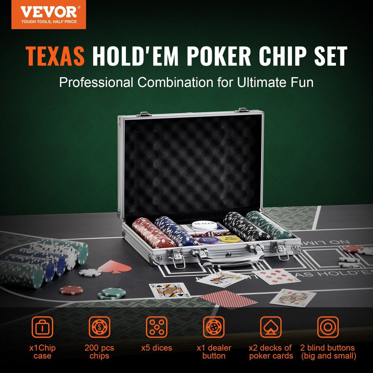 Poker Chip Set, 200-Piece Poker Set, Complete Poker Playing Game Set with Aluminum Carrying Case, 11.5 Gram Casino Chips, Cards, Buttons and Dices, for Texas Hold'em, Blackjack, Gambling