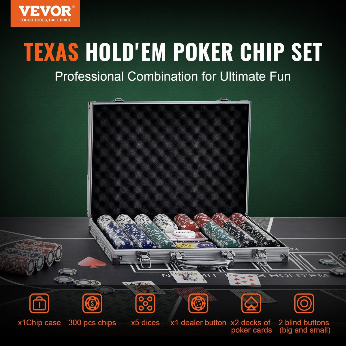 Poker Chip Set, 300-Piece Poker Set, Complete Poker Playing Game Set with Aluminum Carrying Case, 11.5 Gram Casino Chips, Cards, Buttons and Dices, for Texas Hold'em, Blackjack, Gambling