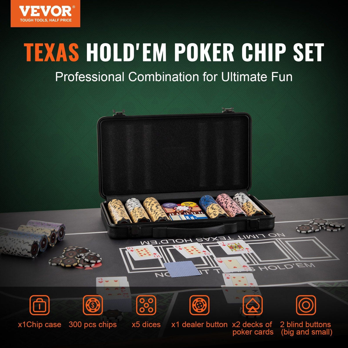 Poker Chip Set, 300-Piece Poker Set, Complete Poker Playing Game Set with Carrying Case, Heavyweight 14 Gram Casino Clay Chips, Cards, Buttons and Dices, for Texas Hold'em, Blackjack, Gambling