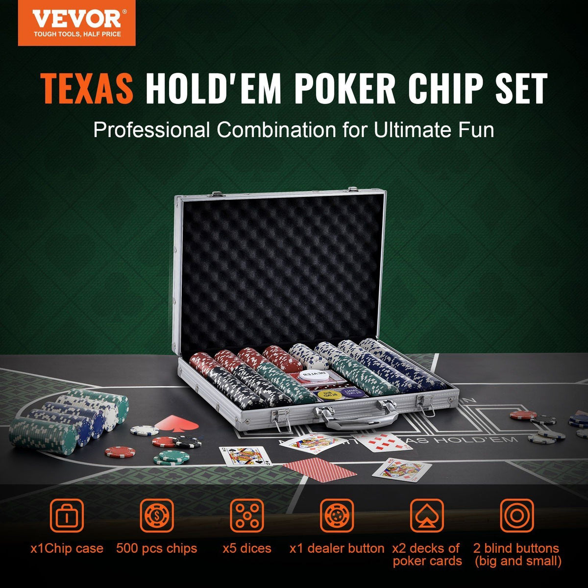 Poker Chip Set, 500-Piece Poker Set, Complete Poker Playing Game Set with Aluminum Carrying Case, 11.5 Gram Casino Chips, Cards, Buttons and Dices, for Texas Hold'em, Blackjack, Gambling