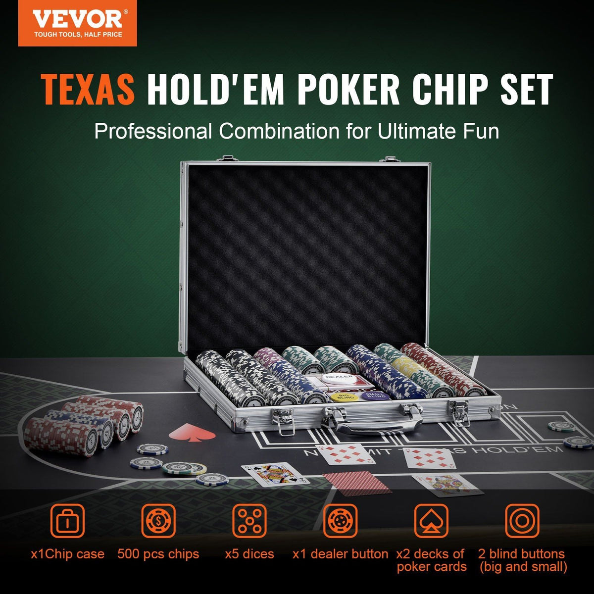 Poker Chip Set, 500-Piece Poker Set, Complete Poker Playing Game Set with Aluminum Carrying Case, 11.5 Gram Casino Chips, Cards, Buttons and Dices, for Texas Hold'em, Blackjack, Gambling