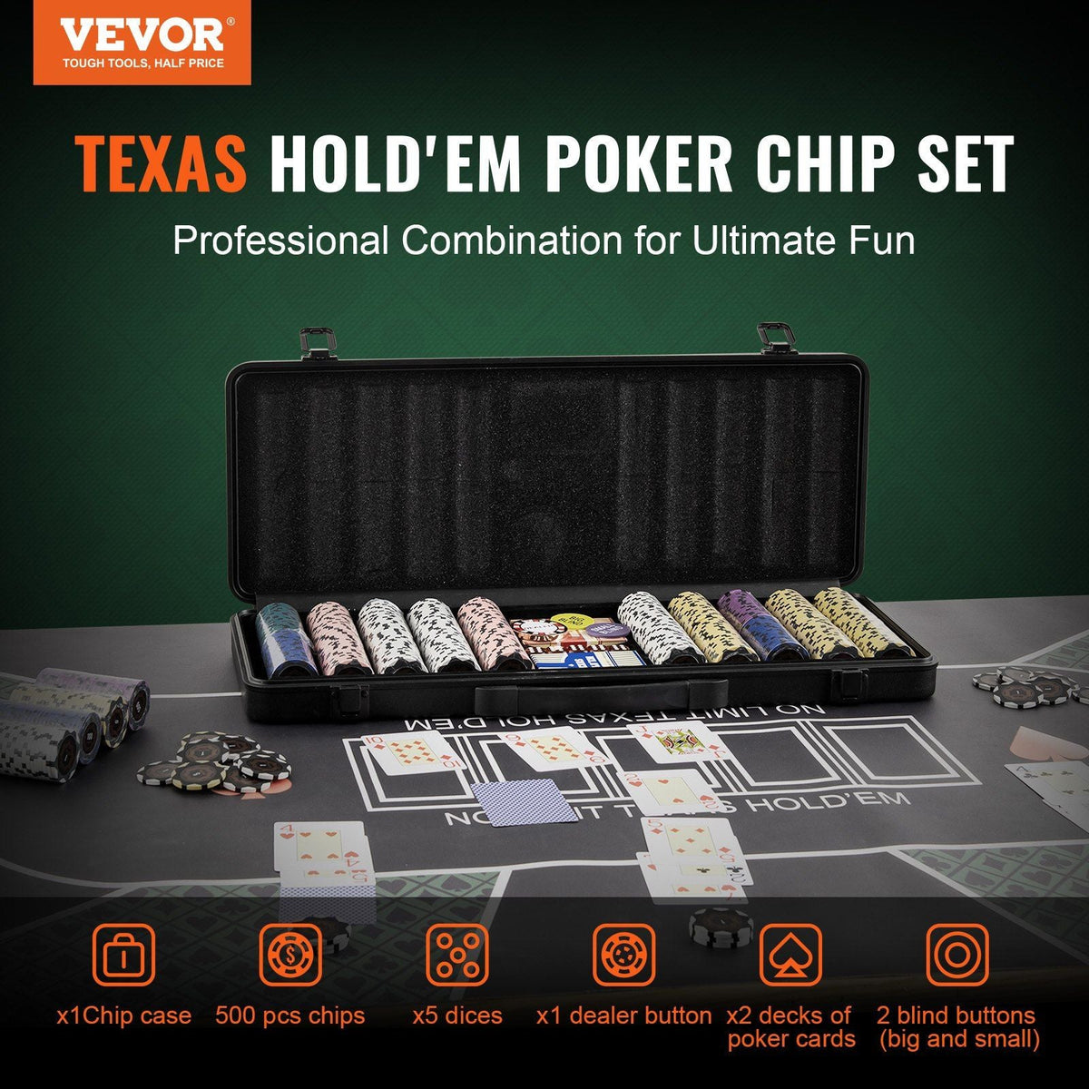 Poker Chip Set, 500-Piece Poker Set, Complete Poker Playing Game Set with Carrying Case, Heavyweight 14 Gram Casino Clay Chips, Cards, Buttons and Dices, for Texas Hold'em, Blackjack, Gambling