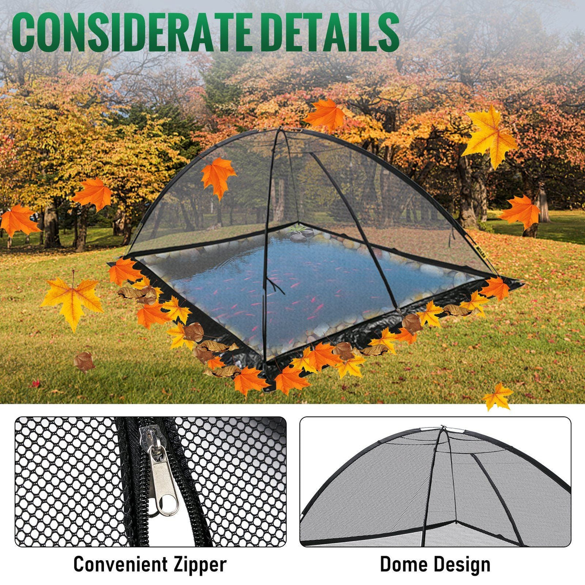 Pond Cover Dome, 10x14 FT Garden Pond Net, 1/2 inch Mesh Dome Pond Net Covers with Zipper and Wind Rope, Black Nylon Pond Netting for Pond Pool and Garden to Keep Out Leaves