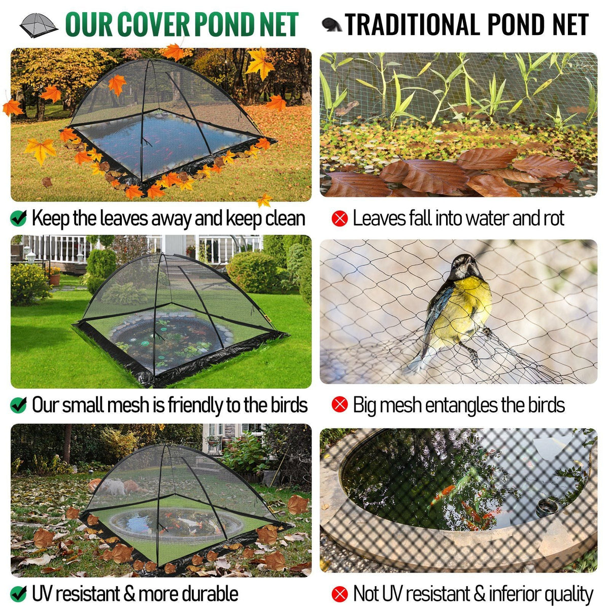 Pond Cover Dome, 7x9 FT Garden Pond Net, 1/2 inch Mesh Dome Pond Net Covers with Zipper and Wind Rope, Black Nylon Pond Netting for Pond Pool and Garden