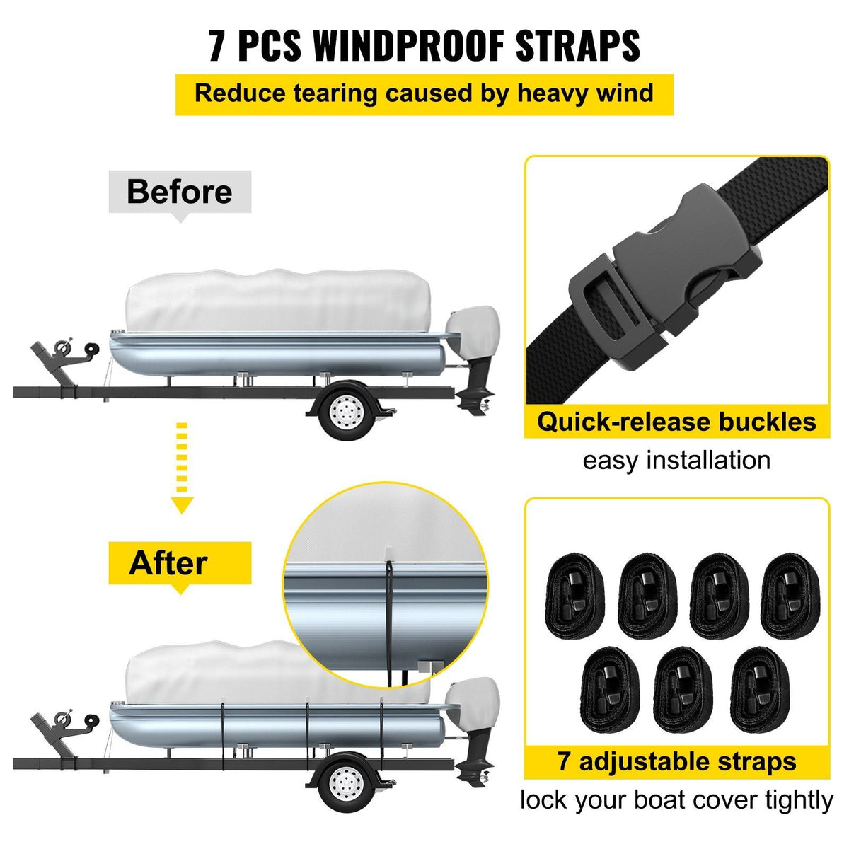 Pontoon Boat Cover, Fit for 21'-24' Boat, Heavy Duty 600D Marine Grade Oxford Fabric, UV Resistant Waterproof Trailerable Boat Cover w/ 7 Wind-Proof Straps, Gray