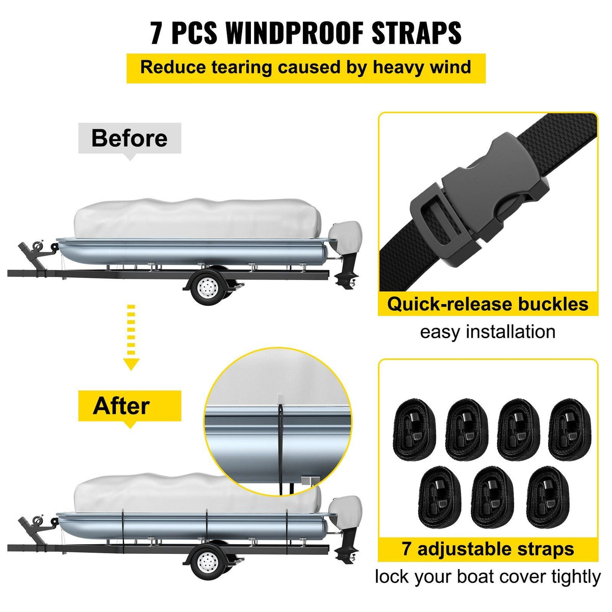 Pontoon Boat Cover, Fit for 25'-28' Boat, Heavy Duty 600D Marine Grade Oxford Fabric, UV Resistant Waterproof Trailerable Boat Cover w/ 2 Support Poles and 7 Wind-Proof Straps, Gray