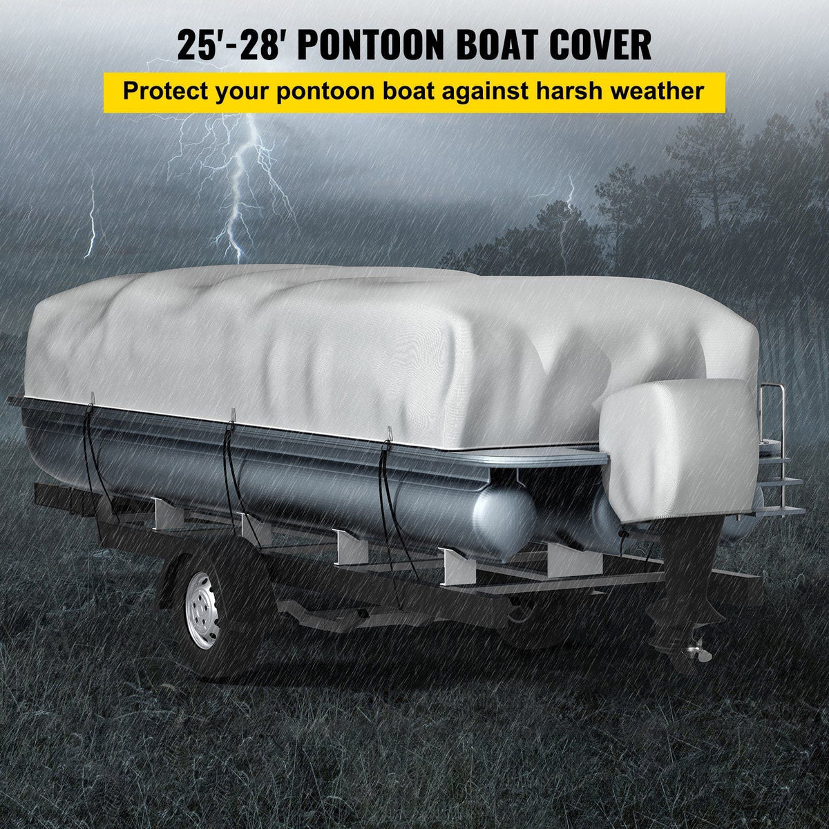 Pontoon Boat Cover, Fit for 25'-28' Boat, Heavy Duty 600D Marine Grade Oxford Fabric, UV Resistant Waterproof Trailerable Boat Cover w/ 2 Support Poles and 7 Wind-Proof Straps, Gray