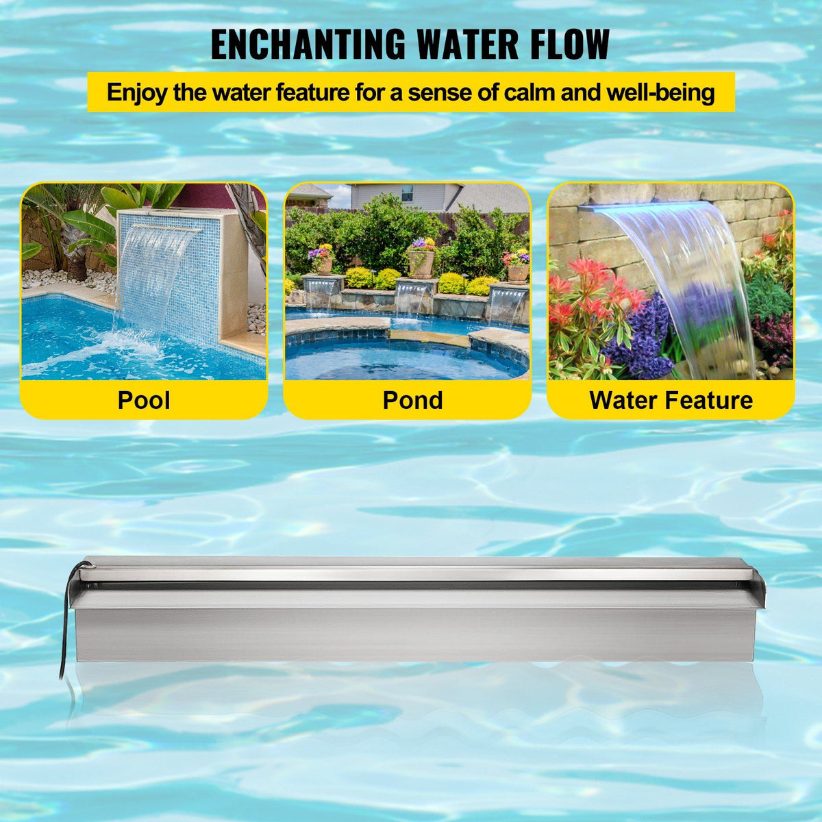 Pool Fountain Stainless Steel, Pool Waterfall 23.6" x 4.5" x 3.1"(W x D x H) with LED Strip Light, Waterfall Spillway Rectangular Garden Outdoor