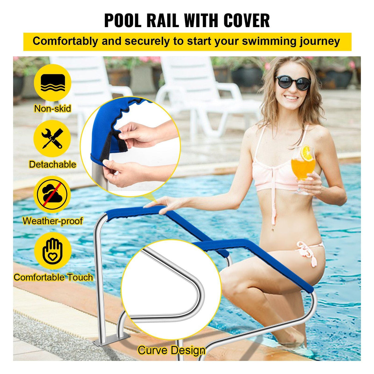 Pool Handrail, 49.4" x 34" Swimming Pool Stair Rail, 304 Stainless Steel Stair Pool Hand Rail Rated 375lbs Load Capacity, Pool Rail with Quick Mount Base Plate, and Complete Mounting Accessories