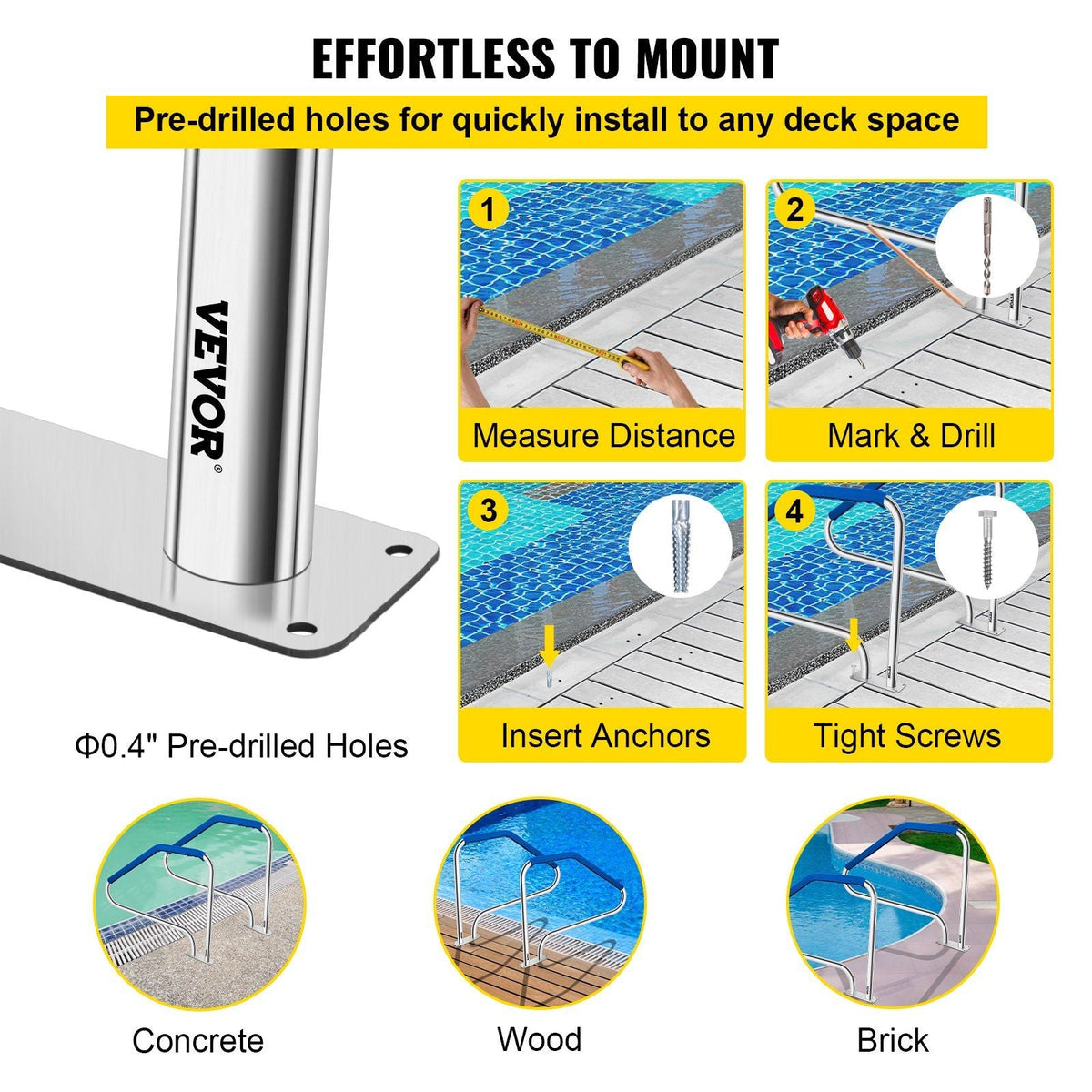 Pool Handrail, 49.4" x 34" Swimming Pool Stair Rail, 304 Stainless Steel Stair Pool Hand Rail Rated 375lbs Load Capacity, Pool Rail with Quick Mount Base Plate, and Complete Mounting Accessories