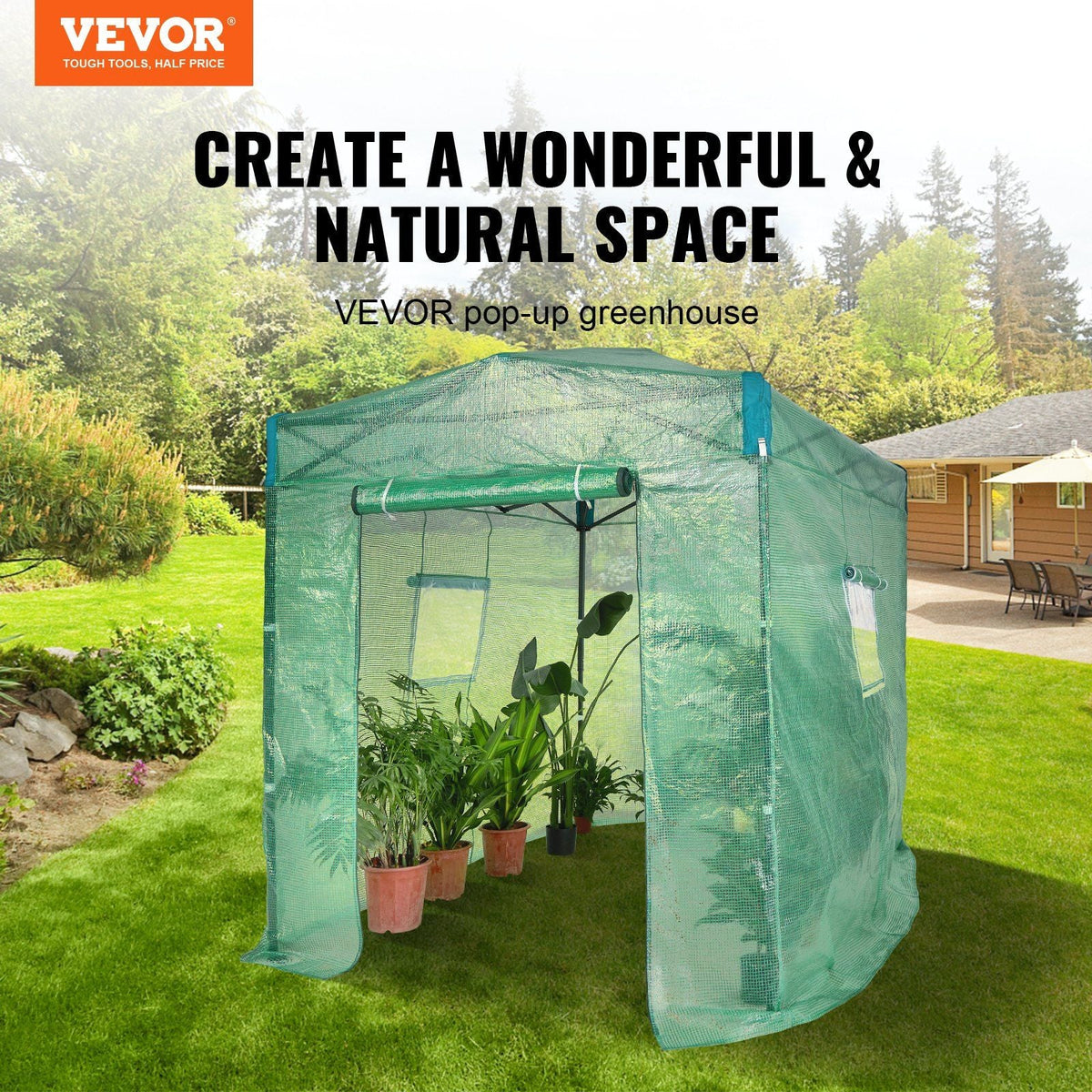 Pop Up Greenhouse, 8'x 6'x 7.5' Pop-up Green House, Set Up in Minutes, High Strength PE Cover with Doors & Windows and Powder-Coated Steel Frame, Suitable for Planting and Storage, Green