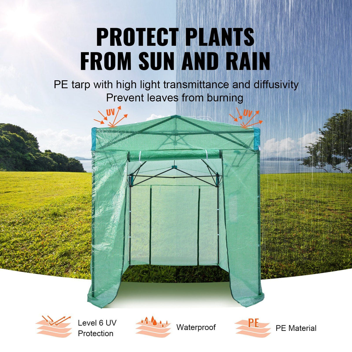 Pop Up Greenhouse, 8'x 6'x 7.5' Pop-up Green House, Set Up in Minutes, High Strength PE Cover with Doors & Windows and Powder-Coated Steel Frame, Suitable for Planting and Storage, Green